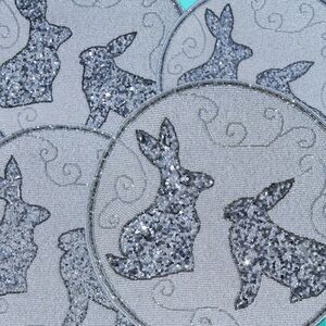 NWT FOUR Isaac Mizrahi Beaded Sequin Easter Rabbits Bunnies Placemats Chargers